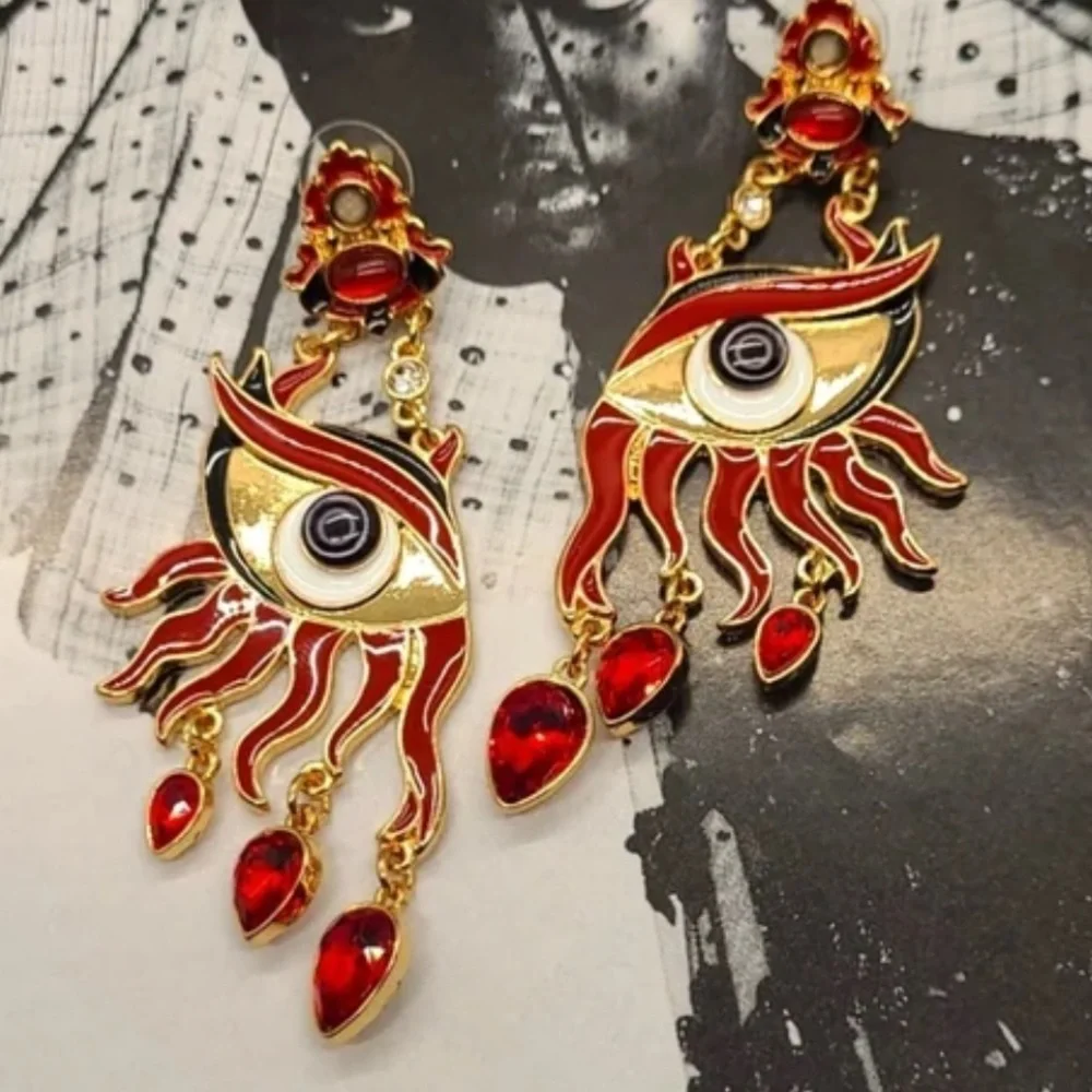 New! Devil,s Eye Motif Red and Gold Dangle Earrings